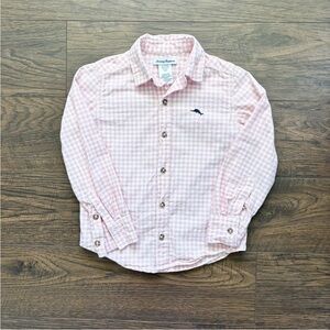 Tommy Bahama Plaid Coral Pink Collared Button Down Long Sleeve Boys Shirt Sz 5/6